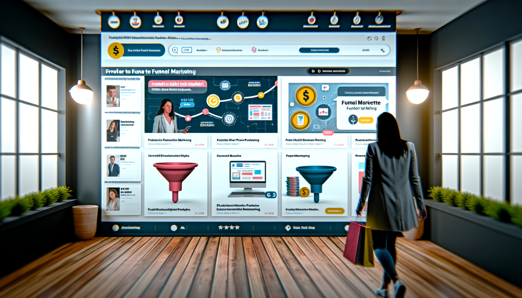 Ein Online-Marktplatz, der eine Vielzahl von digitalen Produkten im Zusammenhang mit Funnel-Marketing präsentiert. Die Szene zeigt eine visuell ansprechende Benutzeroberfläche mit einfacher Navigation, Profilen der besten Verkäufer auf dem Markt, umfassenden Beschreibungen jedes Produkts und Analysen, die die Leistung jedes Produkts anzeigen. Käufer sind zu sehen, wie sie Produkte erkunden und kaufen.