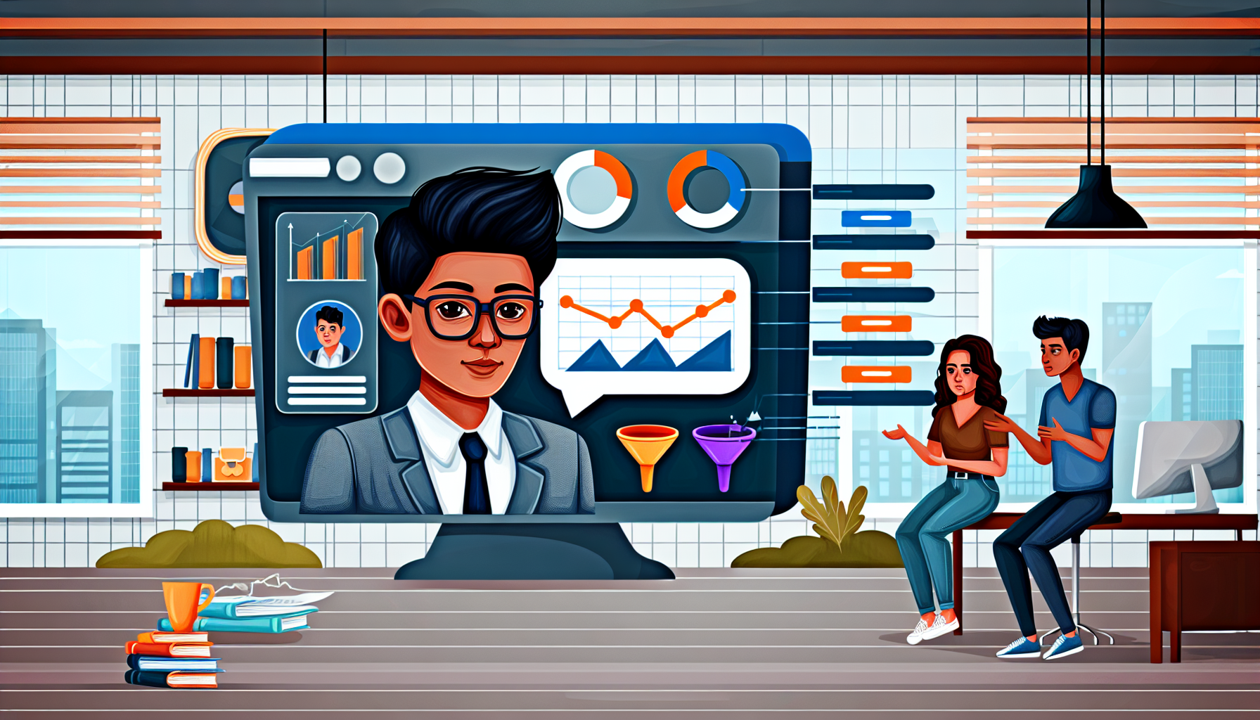 Illustration, die das Konzept des Verkaufs digitaler Produkte im Bereich Funnel-Marketing zeigt. Das Bild zeigt ein detailliertes Analyse-Dashboard auf einem modernen Computerbildschirm in einem kreativen Büro-Setup, mit Grafiken, Diagrammen und Trichtern, die den Website-Verkehr, Konversionen und Verkäufe visuell darstellen. Ein südasianischer Mann mit schwarzen Haaren und Brille, der einen formellen Anzug trägt, analysiert die Daten sorgfältig. Neben ihm diskutiert eine mittelöstliche Frau mit braunen Haaren in einem lässigen Outfit Strategien und brainstormt. Der Raum ist mit modernen Möbeln ausgestattet, und es gibt marketingbezogene Bücher und Dekorationen, die einen dynamischen, digitalen Marketingarbeitsplatz symbolisieren.