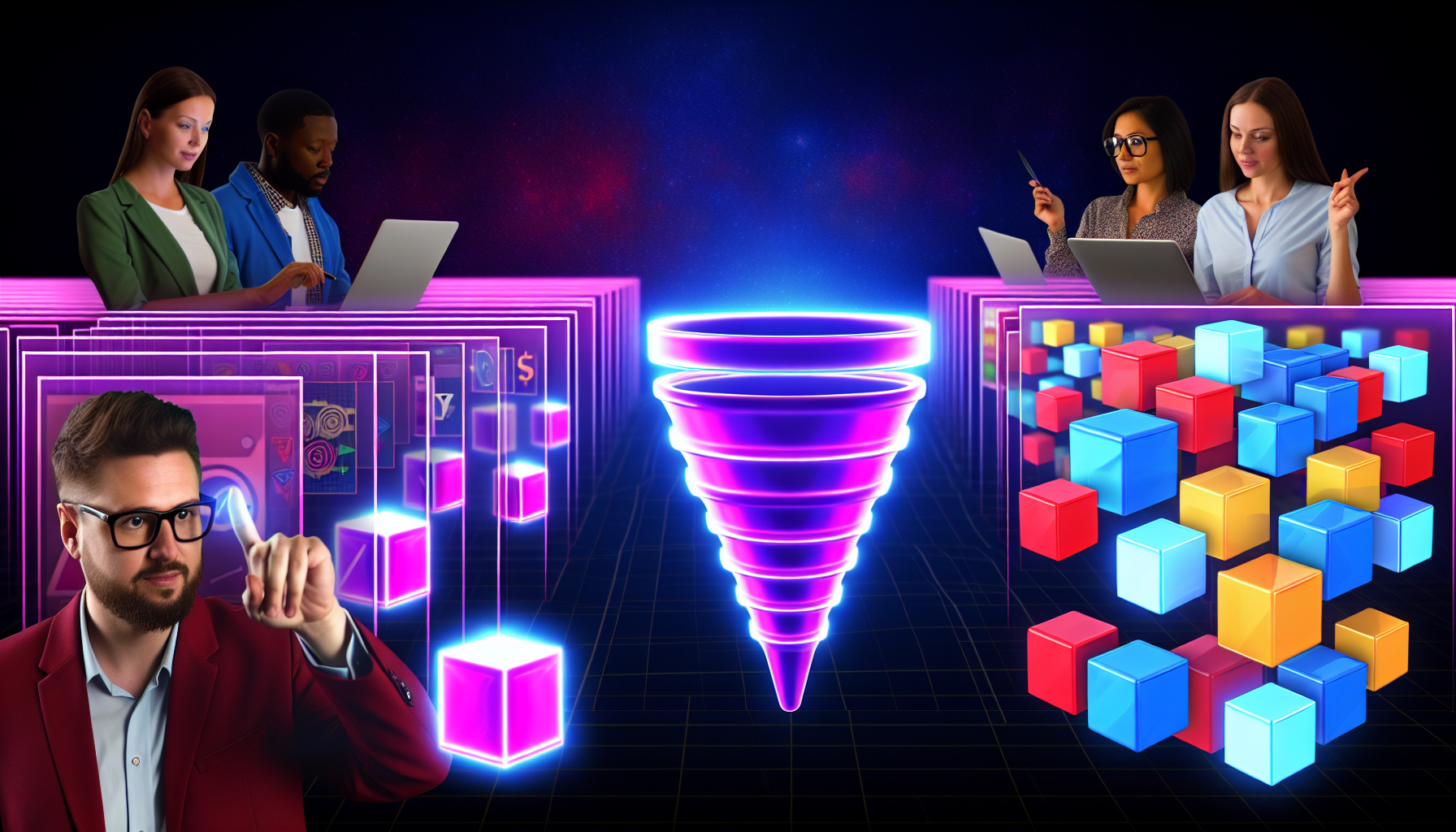 Ein Bild, das den Verkauf von digitalen Produkten im Bereich Funnel-Marketing darstellt. Die Szene zeigt einen digitalen Marktplatz, der mit lebhaften digitalen Produkten gefüllt ist, die als leuchtende Würfel oder Kugeln dargestellt werden. Es gibt auch eine visuelle Darstellung eines Trichters, der die Marketingstrategie symbolisiert. Ein Paar Marketer ist zu sehen, die den Prozess verwalten und überwachen. Eine von ihnen ist eine hispanische Frau mit Brille, die auf ein Produkt auf einem virtuellen Bildschirm zeigt. Der andere ist ein schwarzer Mann mit Bart, der einen virtuellen Stift hält und Notizen auf einem schwebenden digitalen Pad macht.