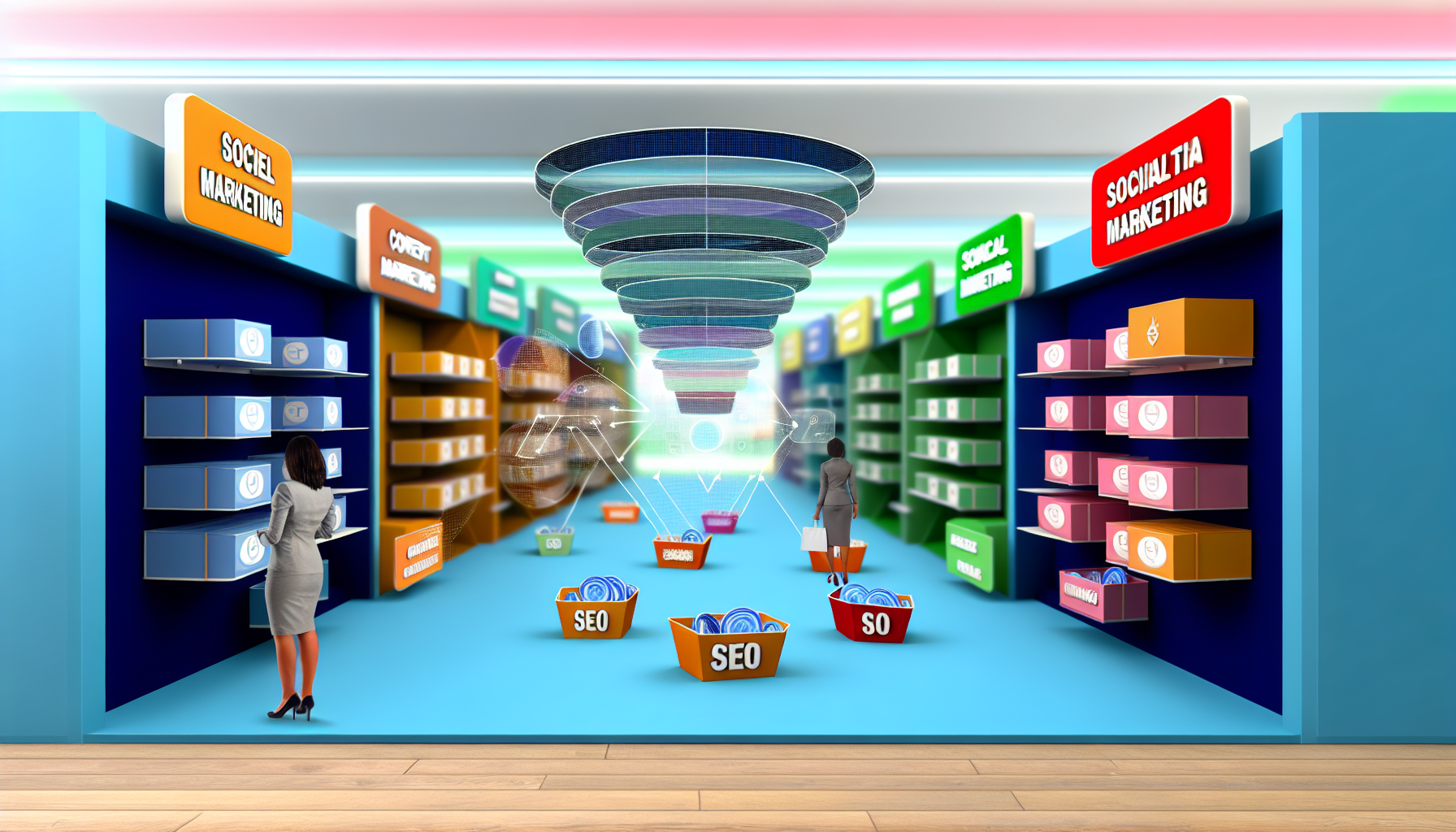 Eine digitale Szene, die den Verkauf von digitalen Produkten im Bereich Funnel-Marketing zeigt. Diese Szene könnte einen virtuellen Laden mit Gängen enthalten, die mit bunten Boxen gefüllt sind, wobei jede Box verschiedene digitale Produkte repräsentiert. Jede Box könnte mit marketingbezogenen Begriffen wie 'SEO', 'Content-Marketing' oder 'Social Media Advertising' beschriftet sein. Darüber hinaus könnte die Szene auch abstrakte Darstellungen eines Marketing-Funnels enthalten, um die Kundenreise vom Interessenten zum Käufer darzustellen. Um einen menschlichen Touch zu verleihen, könnten eine kaukasische weibliche Filialleiterin und ein schwarzer männlicher Kunde, der den Laden erkundet, dargestellt werden.