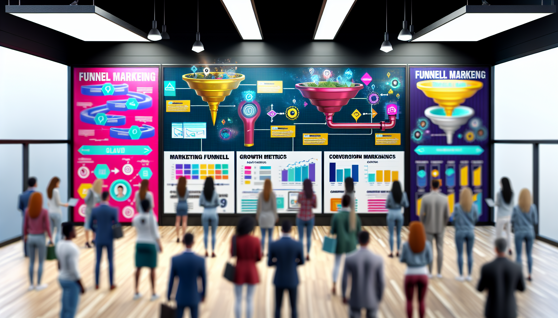 Ein digitaler Marktplatz, der verschiedene digitale Produkte präsentiert, die sich auf das Konzept des Funnel-Marketings konzentrieren. Der Marktplatz ist belebt mit Verkäufern, die ihre Produkte vorführen, und bietet farbenfrohe Präsentationen und Diagramme, um den Funnel-Prozess, Wachstumskennzahlen und Konversionsraten an ihren virtuellen Ständen darzustellen. Die Szene zeigt Käufer, die aktiv engagiert sind, Marketing-Funnels untersuchen, Diagramme vergleichen und nach den besten Strategien suchen, um ihre Online-Geschäfte zu verbessern.
