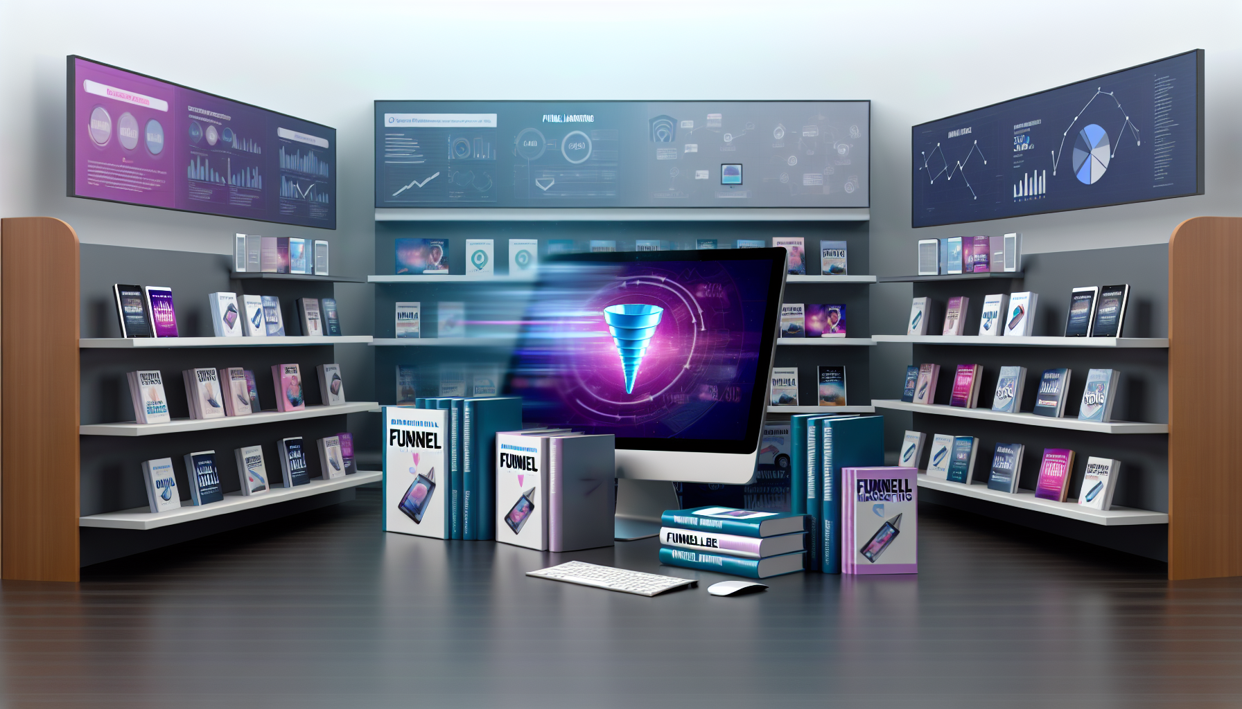 Eine digitale Marktplatzszene, die den Verkauf von Produkten im Zusammenhang mit Funnel-Marketing zeigt. Die Szene könnte verschiedene digitale Produkte wie eBooks, Online-Kurse, Webinare und Software umfassen. Diese Produkte sind auf virtuellen Regalen platziert und mit Etiketten versehen. Die Umgebung ist schlank und modern und repräsentiert das digitale Zeitalter. Bildschirme zeigen verschiedene Diagramme und Grafiken, die Analysen und Erfolgskennzahlen im Funnel-Marketing darstellen. Das Szenario deutet auf eine wachsende Nachfrage und die florierende Natur digitaler Produkte im Bereich Marketing hin.