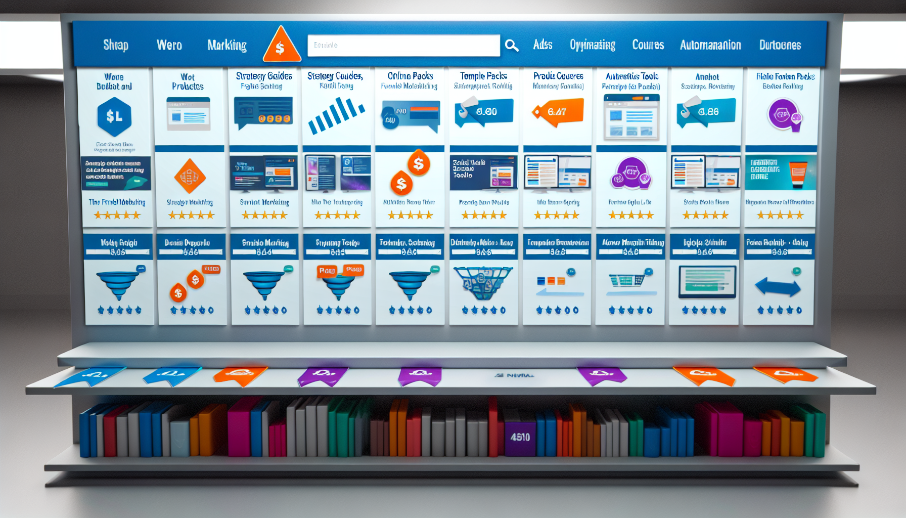 Ein Marktplatz für digitale Produkte, der sich auf Funnel-Marketing konzentriert. Zeigen Sie Webbanner, Anzeigen und Produktminiaturen auf Regalen. Inklusive Kategorien wie Strategieanleitungen, Vorlagenpakete, Online-Kurse und Automatisierungstools. Achten Sie auf ein modernes, elegantes Design mit lebendigen Farben wie Blau und Orange. Fügen Sie jedem Produkt kleine, passende Icons hinzu. Geben Sie auch Preisschilder und Benutzerbewertungspunkte für jedes Produkt an. Stellen Sie sich einzigartige Produktdesigns vor und erstellen Sie diese, die jede Kategorie gut repräsentieren.