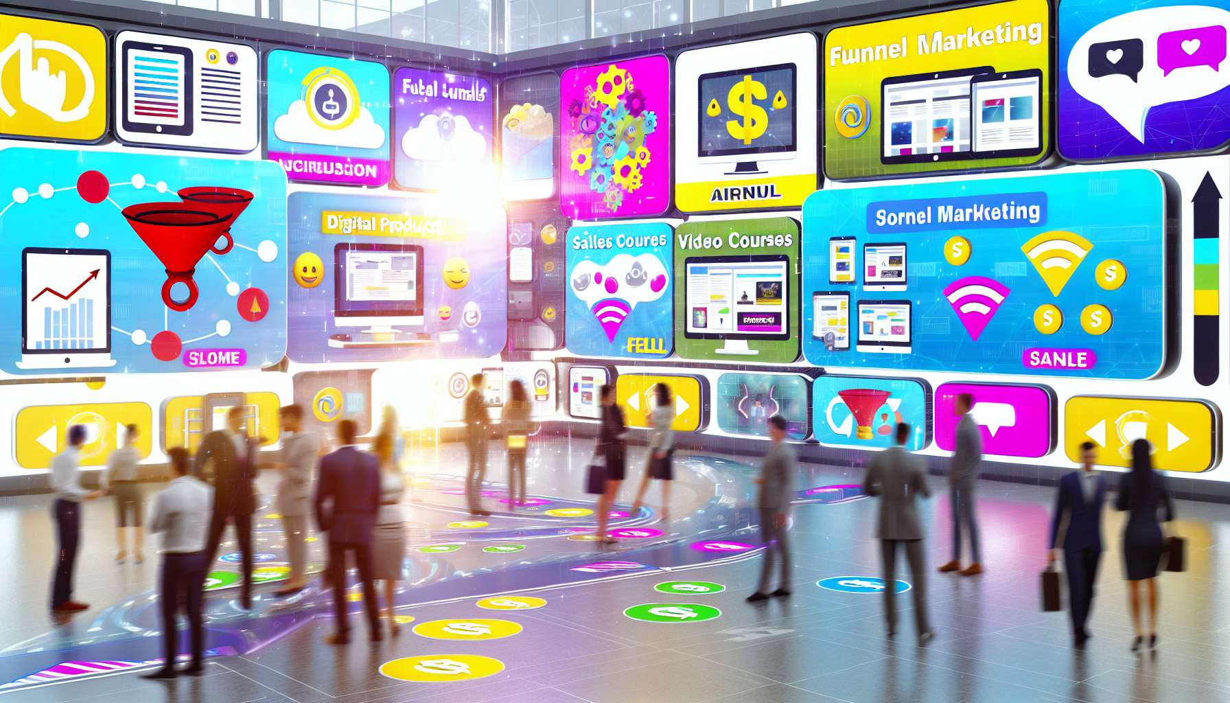 Ein dynamischer digitaler Marktplatz, der von Transaktionen und Interaktionen pulsiert. Er konzentriert sich auf den Verkauf digitaler Produkte im Zusammenhang mit Funnel-Marketing. Bildschirme zeigen verschiedene digitale Produkte wie eBooks, Videokurse, Vorlagen und Software, die jeweils Wissen und Strategien zum Thema Funnel-Marketing vermitteln. Die Präsenz von Emojis und bunten Grafiken deutet auf eine lebendige, anregende Umgebung hin. Rund um den Marktplatz sind symbolische Darstellungen von 'Verkaufstrichtern' sichtbar, die das Thema und den Zweck dieses Marktplatzes betonen.