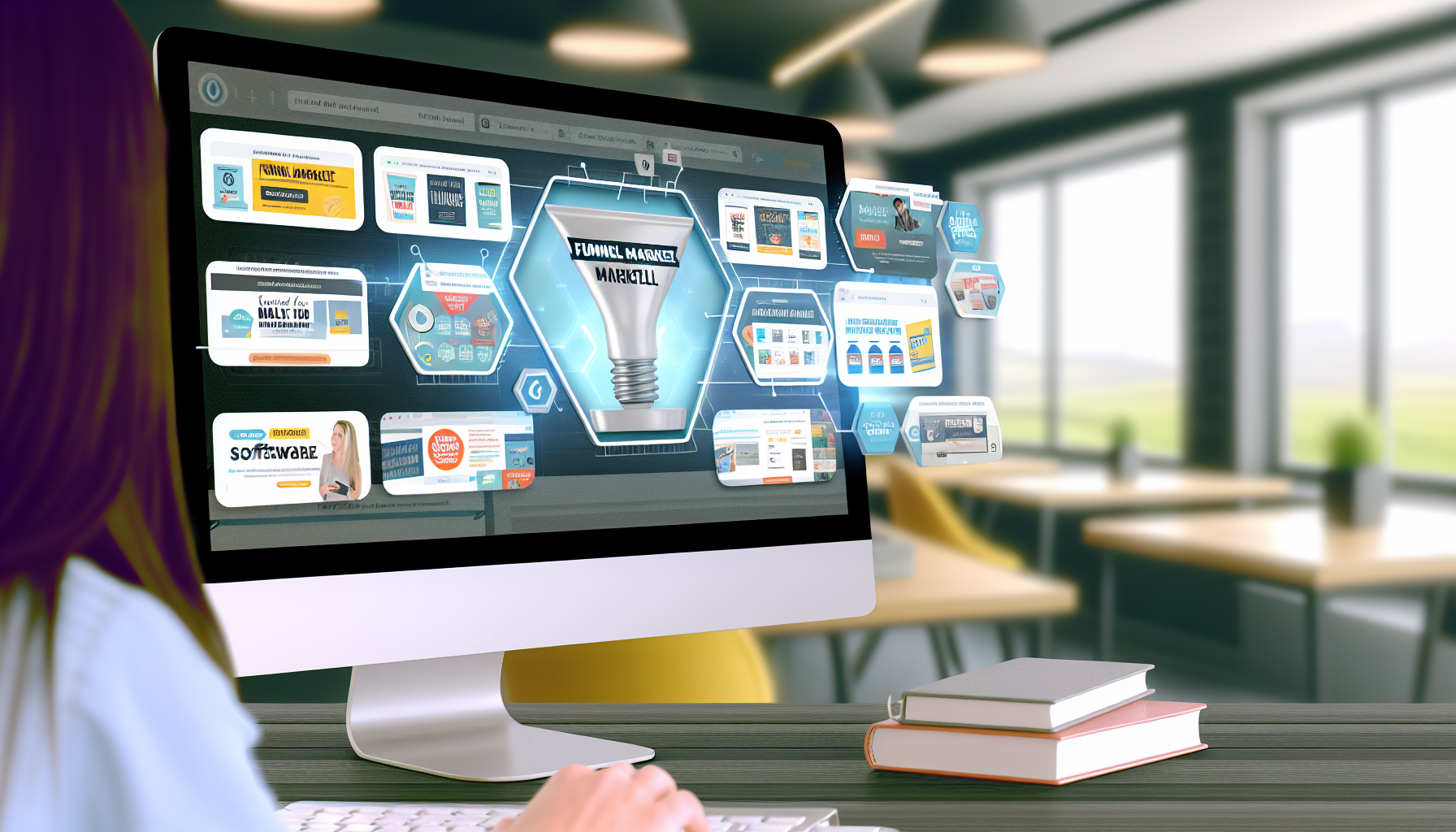 Eine Online-Marktplatzszene, die den Verkauf von digitalen Produkten im Zusammenhang mit Funnel-Marketing zeigt. Das Bild sollte einen Computerbildschirm darstellen, der verschiedene digitale Produkte anzeigt, darunter E-Books, Online-Kurse und Software-Tools, die beim Funnel-Marketing helfen. Der Computer befindet sich vor dem Hintergrund eines modernen Büros mit ansprechender Dekoration. Eine nicht identifizierte Person ist zu sehen, die mit dem Computer interagiert und durch die zum Verkauf stehenden digitalen Produkte blättert.