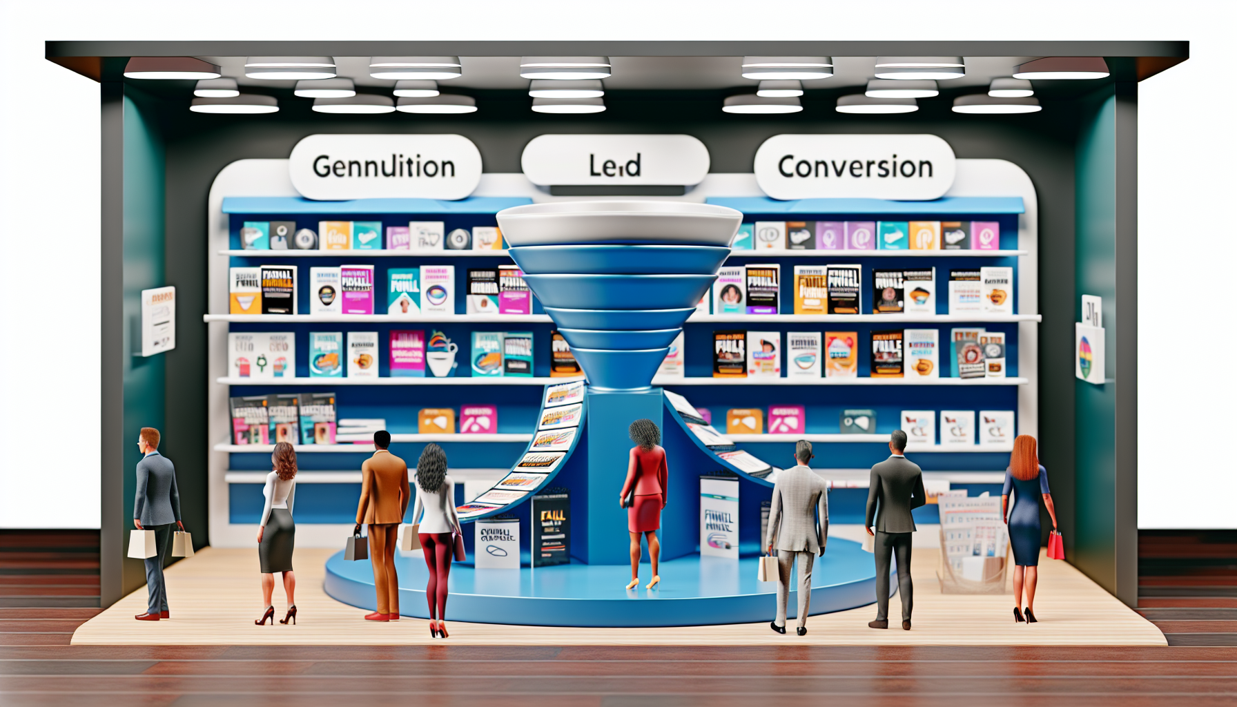 Eine Illustration eines digitalen Produktmarktplatzes, der sich auf Funnel-Marketing spezialisiert hat. Die Szene zeigt einen modernen virtuellen Laden mit Gängen, die verschiedenen Aspekten des Funnel-Marketings gewidmet sind, wie Lead-Generierung, Conversion und Kundenbindung. Verschiedene digitale Produkte wie eBooks, Kurse, Webinare und Software sind sichtbar auf den digitalen Regalen ausgestellt. Kunden unterschiedlicher Geschlechter und Herkunft, darunter Kaukasier, Schwarze und Asiaten, stöbern in den Produkten. Eine Reihe von Trichtern wird dargestellt, um das Konzept des Funnel-Marketings zu symbolisieren und die Kundenreise von der Wahrnehmung bis zum Kauf zu leiten.