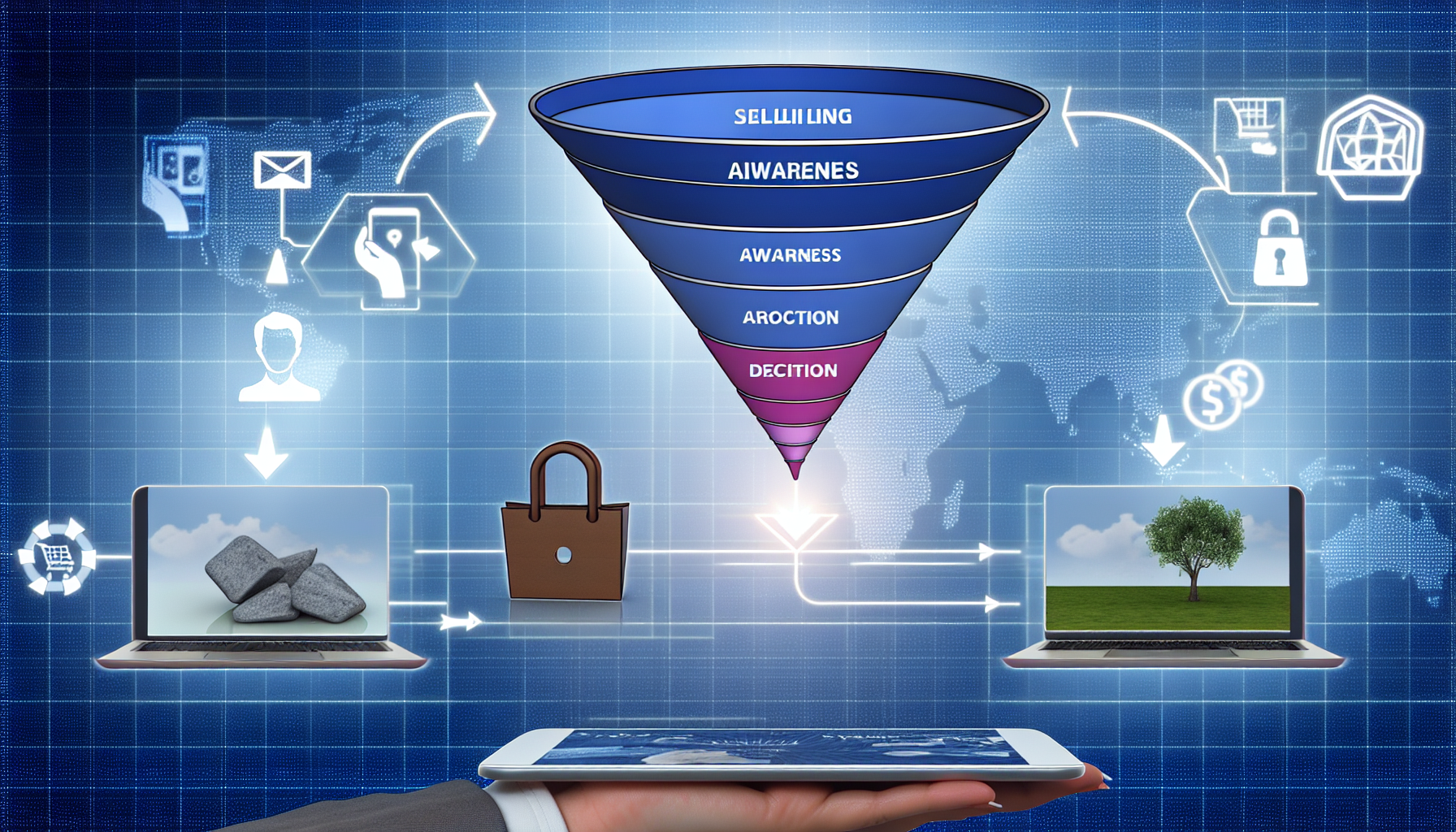 Eine Konzeptdarstellung des Verkaufs digitaler Produkte im Bereich Funnel-Marketing. Dies umfasst technologische Geräte wie Laptops und Smartphones, die verschiedene Phasen eines Marketing-Funnels anzeigen. Der Funnel könnte dargestellt werden, wie er von der Bewusstseinsphase oben bis zur Entscheidungsphase unten fortschreitet. Darüber hinaus sollten Symbole oder Metaphern, die digitale Transaktionen, E-Commerce und Online-Marketing-Strategien repräsentieren, in den Bildkontext integriert werden.