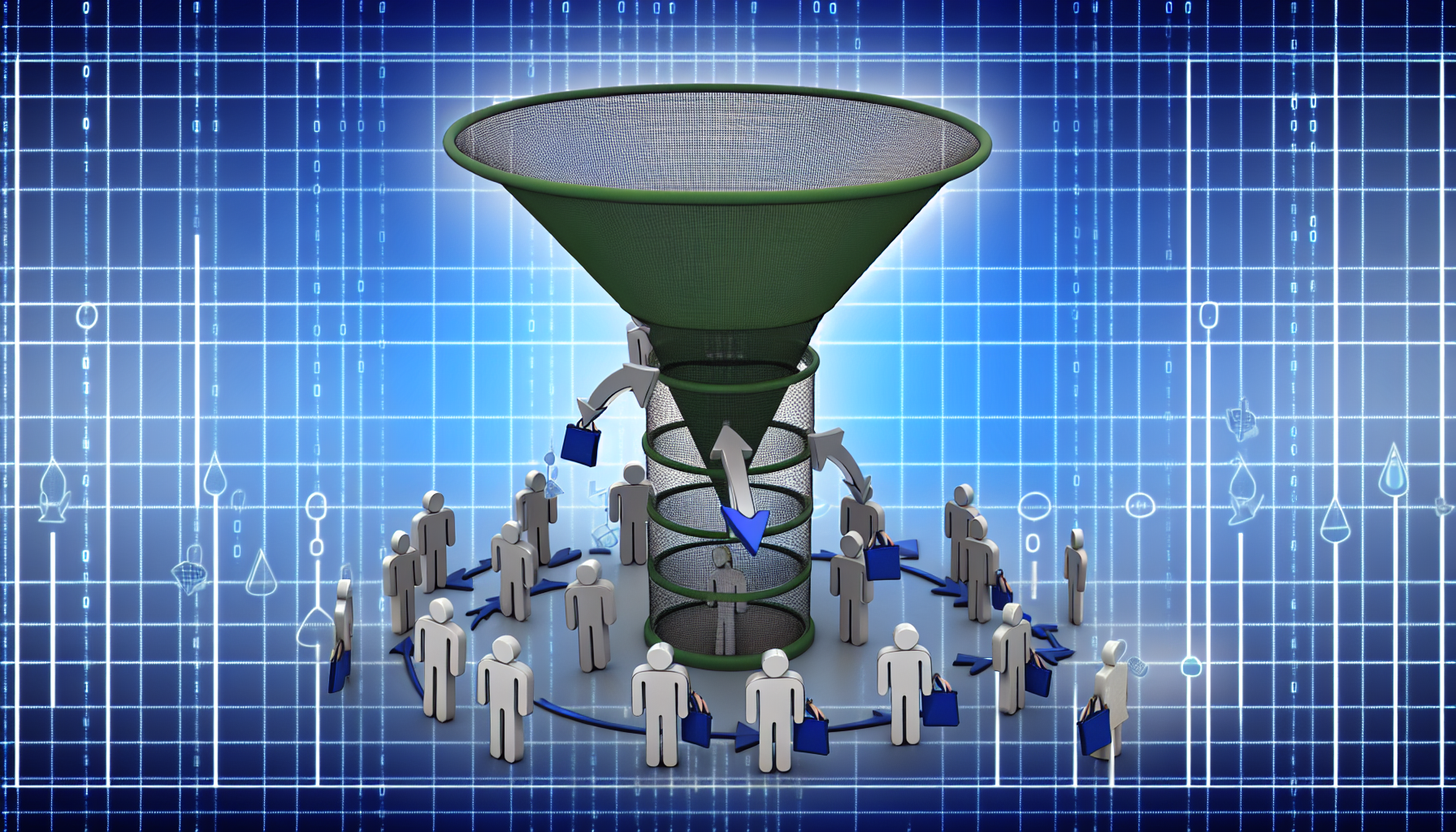 Ein Bild, das den digitalen Verkauf von Produkten im Bereich Funnel-Marketing zeigt. Das Bild zeigt eine komplexe Struktur, die darauf ausgelegt ist, Kunden anzuziehen und zu konvertieren, dargestellt als hohes Diagramm. Oben sammelt ein breites Netz verschiedene menschliche Figuren, die potenzielle Kunden unterschiedlicher Abstammung symbolisieren, wie Kaukasier, Hispanics und Schwarze. Diese Figuren durchlaufen die sich verengende Struktur, die den Verkaufsprozess symbolisiert. Weiter unten bleiben weniger Figuren übrig, die nun digitale Produkte halten, was erfolgreiche Konversionen symbolisiert. Alles vor einem Hintergrund aus Binärcode, der die digitale Natur der Abläufe repräsentiert.