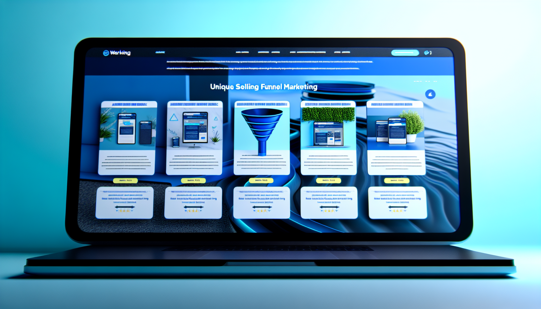 Ein digitaler Produktmarktplatz, der sich auf Funnel-Marketing konzentriert. Stellen Sie sich eine modern gestaltete Webseite vor, die verschiedene Abschnitte enthält, in denen unterschiedliche Funnel-Marketing-Produkte zum Kauf angeboten werden. Jedes Produkt hat sein eigenes Panel mit einer kurzen Beschreibung, Bewertungen und Preisinformationen. Das Farbschema der Webseite besteht aus kühlen Tönen, einschließlich Blau- und Grautönen, mit lebhaften Gelbtönen als Akzent. nAm oberen Rand der Seite befindet sich eine ansprechende und auffällige Überschrift, die das einzigartige Verkaufsversprechen des Marktplatzes hervorhebt. Um das Thema Funnel-Marketing zu unterstreichen, könnte das gesamte Layout der Webseite die Form eines Marketing-Funnels nachahmen, der oben breit und unten schmal ist.