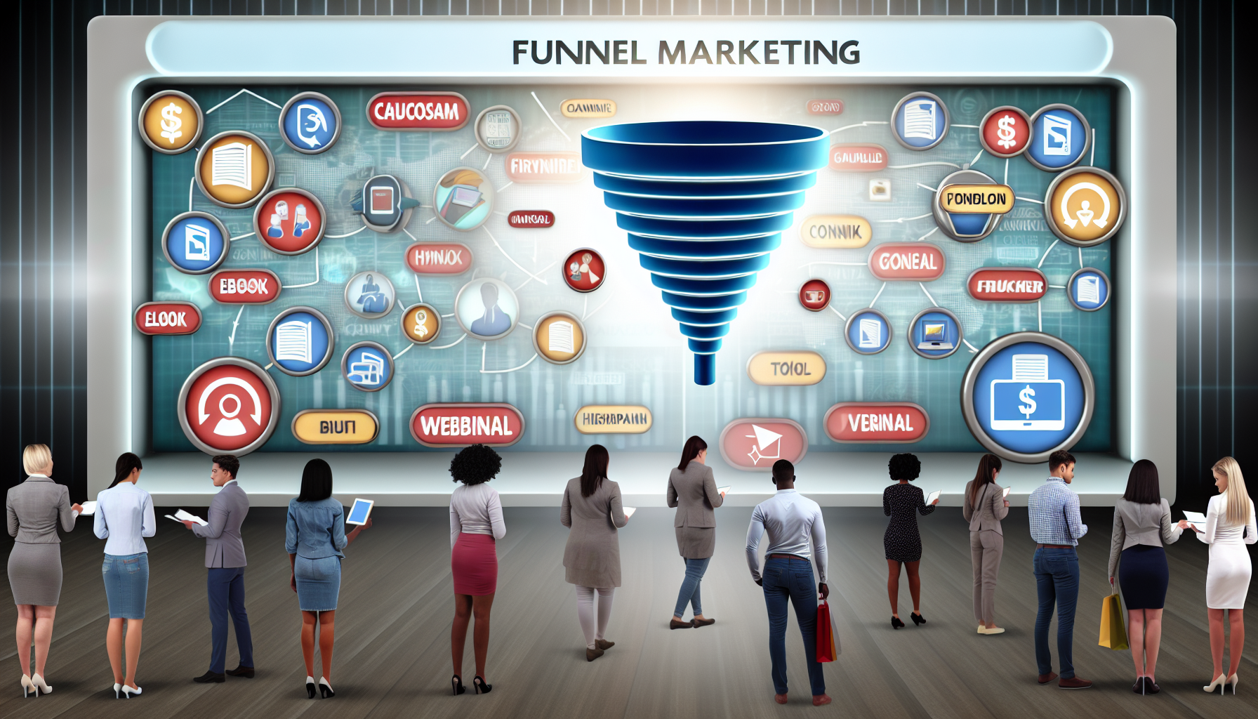 Ein digitaler Marktplatz für Funnel-Marketing-Produkte. Die Szene zeigt eine Vielzahl von digitalen Produkten, die auf virtuellen Regalen präsentiert werden. Jedes Produkt wird visuell durch ein Symbol dargestellt, wie z.B. ein eBook, ein Webinar, einen Online-Kurs oder ein Software-Tool. Im Hintergrund ist ein Diagramm zu sehen, das einen Verkaufstrichter visualisiert und das Marketingkonzept unterstreicht. Menschen unterschiedlicher Geschlechter und Herkunft stöbern durch die Produkte, darunter Kaukasier, Menschen aus dem Nahen Osten, Schwarze, Südasiaten und Hispanics. Verschiedene marketingbezogene Schlüsselwörter schweben umher und betonen die digitale, schnelllebige Natur der Szene.