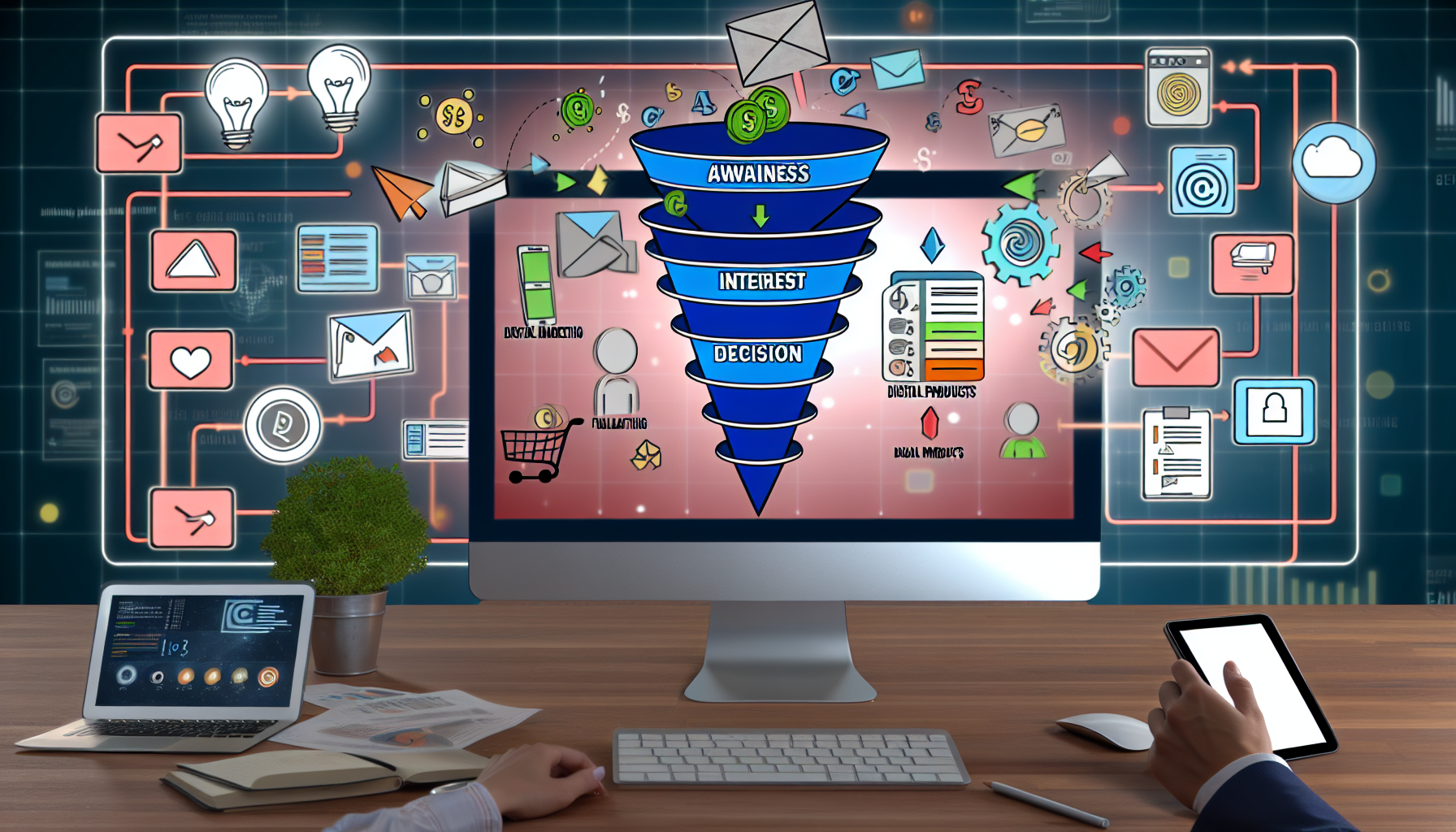 Eine illustrierte Momentaufnahme, die den Verkauf digitaler Produkte im Bereich Funnel-Marketing zeigt. Die Szene umfasst einen Computerbildschirm, der eine Trichtergrafik anzeigt, mit verschiedenen Phasen wie Bewusstsein, Interesse, Entscheidung und Handlung, durch die symbolisch digitale Produkte fließen. Rund um den Bildschirm sind verschiedene digitale Marketing-Tools zu sehen – wie SEO-Metriken, Social-Media-Icons, Symbole für E-Mail-Marketing und mehr – wodurch eine Atmosphäre eines geschäftigen digitalen Marketing-Arbeitsplatzes entsteht.