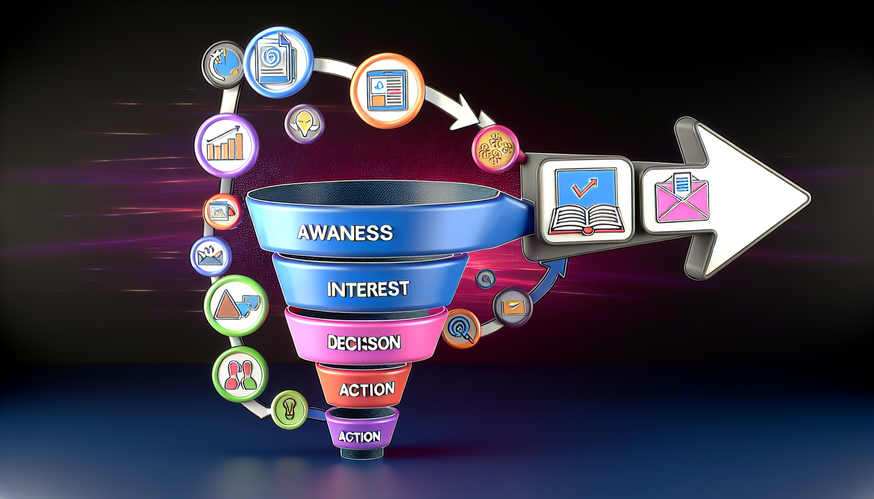 Ein animiertes Bild, das den Verkauf von digitalen Produkten im Zusammenhang mit Funnel-Marketing darstellt. Das Bild umfasst verschiedene Komponenten eines digitalen Marketing-Funnels, wie die Phasen Bewusstsein, Interesse, Entscheidung und Handlung. Es könnten symbolische Darstellungen wie Icons und Infografiken verschiedener digitaler Produkte wie E-Books, Online-Kurse, Webinare, Software usw. zu sehen sein, die durch einen Trichter geleitet werden und den Verbraucherweg vom Bewusstsein bis zum Kauf signalisieren.