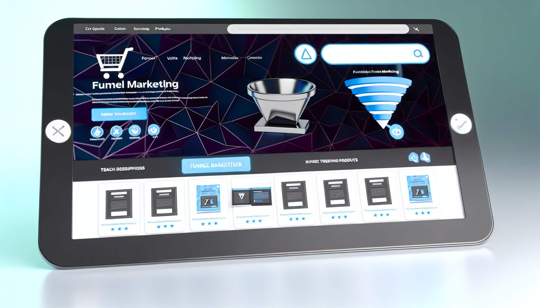 Ein digitaler Marktplatz, der eine Vielzahl von Produkten im Bereich Funnel-Marketing präsentiert. Die Plattform ist schlank und modern, mit klar gekennzeichneten Bereichen für verschiedene Produkttypen. Eine detaillierte Benutzeroberfläche mit einem Einkaufswagen-Symbol in der oberen rechten Ecke, einer Suchleiste für eine einfache Navigation und einer Liste der meistverkauften oder trendenden Produkte für Empfehlungen. Der Hintergrund hat abstrakte geometrische Designs, um eine lebendige Ästhetik zu schaffen. Die Produkte verfügen über kurze Beschreibungen, Sternebewertungen und Rezensionen zur Qualitätssicherung potenzieller Kunden.